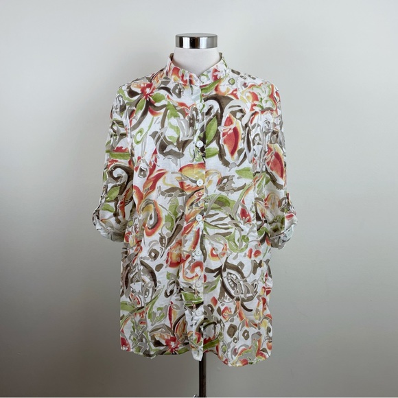 Alfred Dunner Floral White Green Orange Button Front Top Women Size 16W - Picture 1 of 6